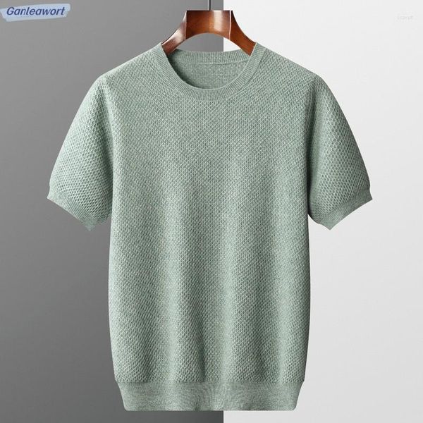 Herren T-Shirts 2023 Frühling und Sommer Rundhalsausschnitt Gestricktes Kurzarm-T-Shirt Reine Wolle Wabennadel Mode Vielseitiger Mantel Tops