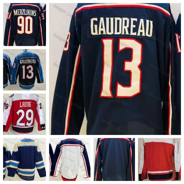 13 Johnny Gaudreau 29 Patrik Laine 90 Elvis Merzlikins 2023 Hot New Reverse Retro CRed Blu Bianco cucita maglie da hockey Mens Home Red Winter Jersey magliette cucite