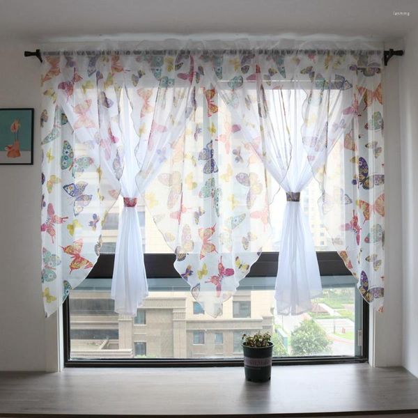 Vorhang mit Schmetterlingsdruck, Schleier und weißem Voile, doppellagig, für Küche, Balkon, Schlafzimmer, Fenstervorhänge