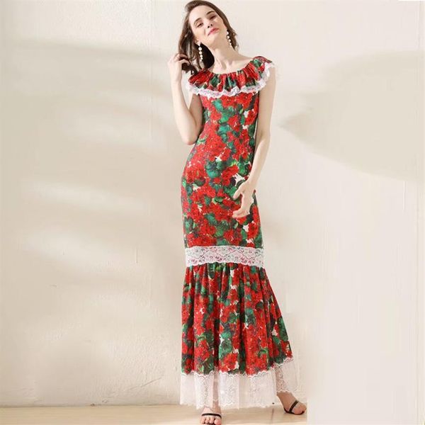 Vestidos de passarela femininos decote slash babados renda guarnição floral impresso elegante sereia longo casual designer vestidos291w