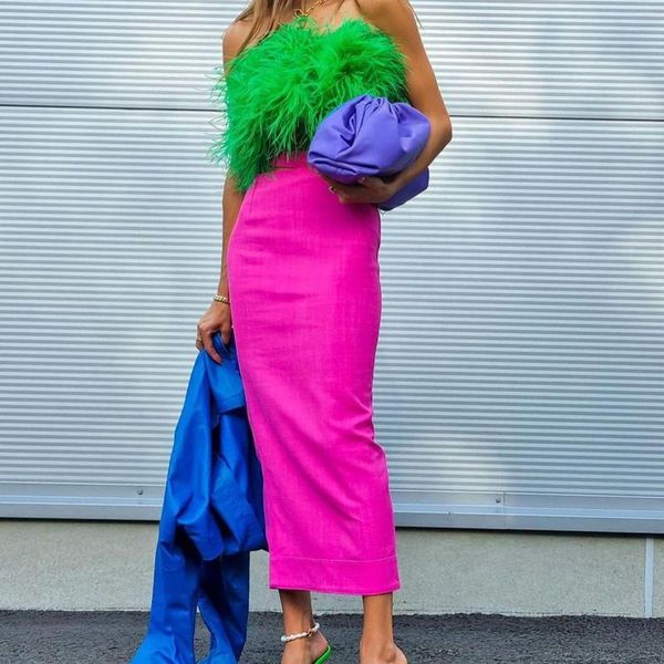 Röcke Lange Rosa Hohe Taille Frauen Rock Matte Satin Engagement Fashion Week Nach Maß Farbe Elegante Casual Frau Kleidung