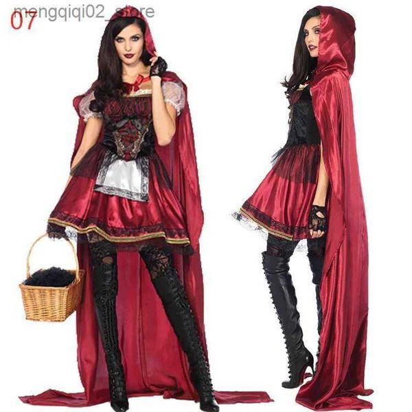 Tema Kostümü Küçük Kırmızı Binicilik Hood Come Sahne Performans Giyim Giyim Kız Karnavalı Gelin Cosplay üniforma Yetişkin Lady Kırmızı Elbise ve Pelerin Q231010