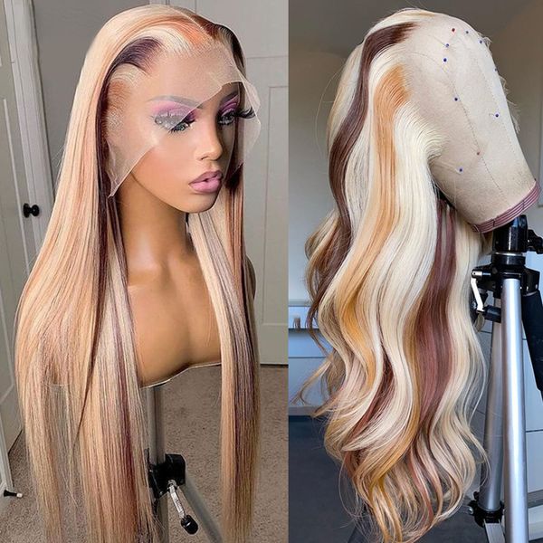 Parrucca di capelli umani di simulazione colorata bionda di evidenziazione brasiliana di densità 180 Parrucca di capelli umani dell'onda del corpo Ombre HD Parrucche anteriori diritte trasparenti del merletto per le donne