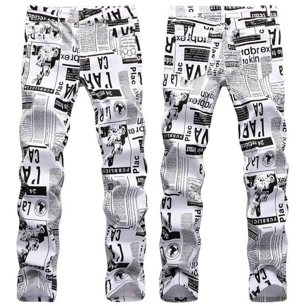 Mens de alta qualidade rua moda imprime jeans fino-ajuste estiramento calças jeans jornal pintura festa legal casual jean281x