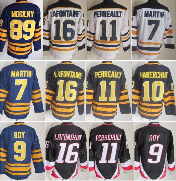 Maglia da hockey retrò vintage 89 Mogilny CCM 16 Pat LaFontaine 7 Rick Martin 9 Derek Roy 10 Hawerchuk 11 Gilbert Perreault Classic Retire cucito su blu navy bianco nero