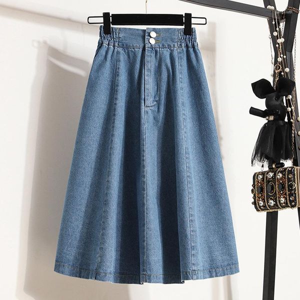 Röcke Damen Falten-Jeansrock, elastische Taille, lockere All-Match-Unterteile, 2023 Frühling/Sommer, Midi, hoch, dünn, A-Linien-Jeans