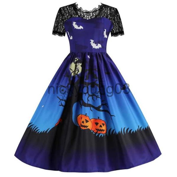 Tema traje laço retro vestido de halloween mulheres trajes manga curta 50s 60s vestidos de festa vintage crânio bruxa assustador Holloween roupas cosplay x1010