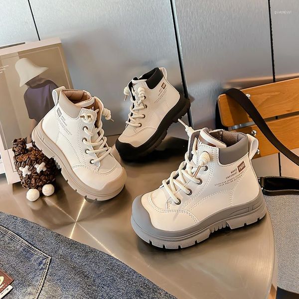 Сапоги, детская повседневная обувь, осень-зима 2024, модные высокие кеды для девочек, студенческие кожаные ботинки на шнуровке для мальчиков и детей