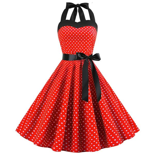 Artı boyutu elbiseler seksi retro kırmızı polka nokta elbise Audrey Hepburn Vintage Halter 50s 60'lar Gotik Pin Up Rockabilly Robe 231009