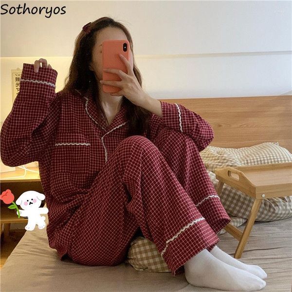 Damen-Nachtwäsche, Pyjama-Sets, Retro-Stil, rot, kariert, Spitze, kariert, Baumwolle, atmungsaktiv, V-Ausschnitt, volle Länge, Herbst-Winter, modisch, gemütlich, Lounge