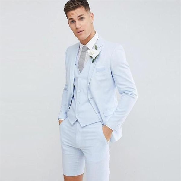 Azul claro 3 peças calças curtas noivo smoking masculino terno de casamento jaqueta calças colete 2 botões fino ajuste festa padrinhos homem suit257k