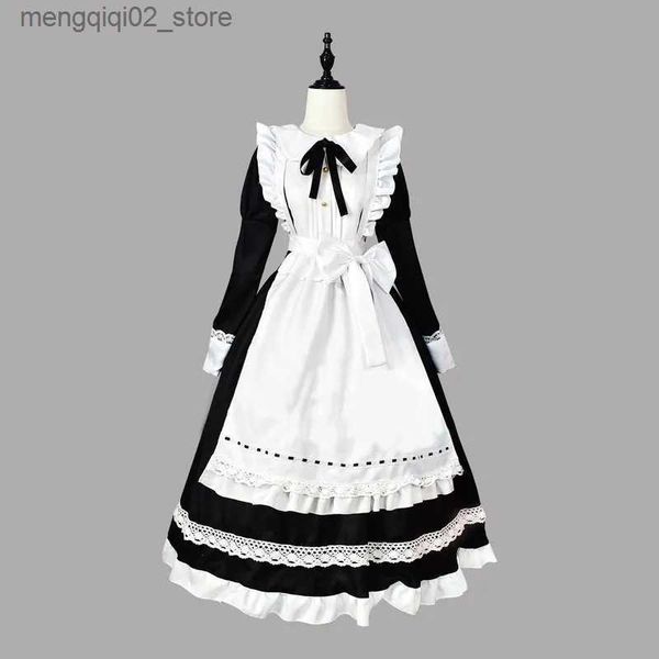 Tema Traje 2023 Halloween Cosplay Vem Anime Avental Maid Role Play Vestido Longo Plus Size Preto Branco Lolita Lingerie Vestido Maid Outfits Q240307