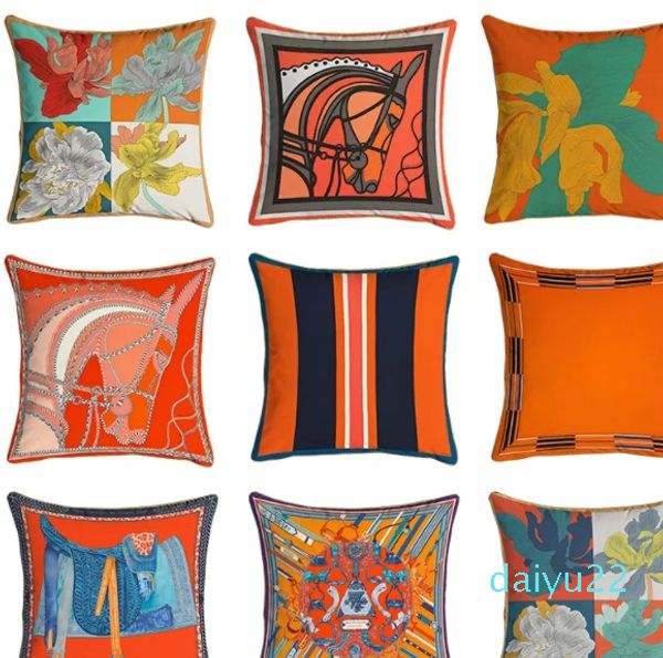 Housses de coussin de la série Orange, taies d'oreiller carrées imprimées de fleurs et de chevaux, pour la maison, la chaise, le canapé, la décoration