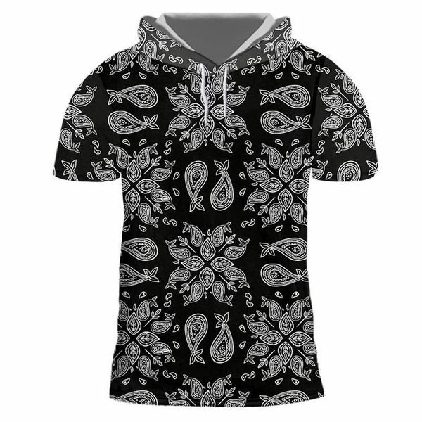 T-shirt da uomo T-shirt con cappuccio da uomo Taglia EU Nero Paisley Bandana Modello Stampa 3D Casual Manica corta Harajuku Camicie S225J