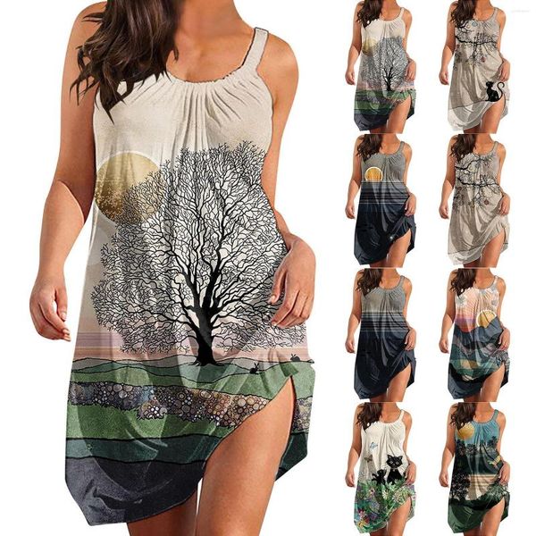 Vestidos casuais pôr do sol gráfico solto mini vestido mulheres boêmio saída praia impressão sexy camisola boho festa robe