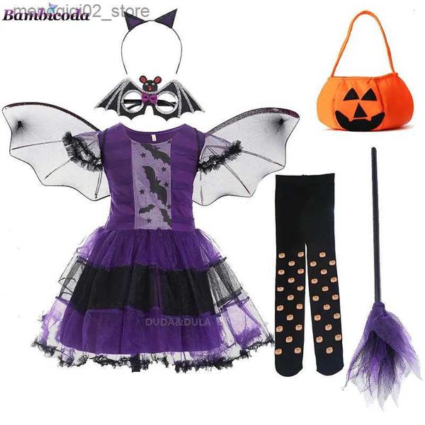 Tema Traje Halloween Venha para Crianças Bebê Meninas Crianças Vampiro Bruxa Venha Menina Cosplay Carnaval Festa Princesa Fancy Dress Up Roupas Q240307