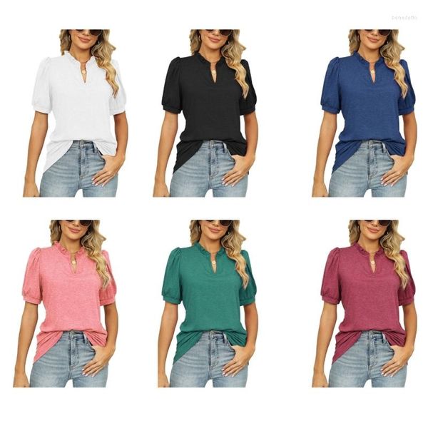 Camisetas femininas Mulheres verão solto camiseta puff manga curta plissado com decote em v cor sólida túnica top