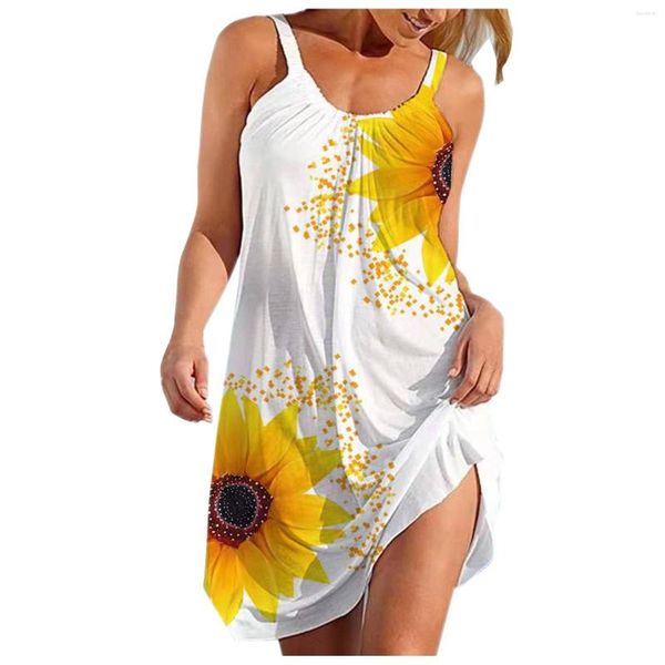 Abiti casual Stampa girasole Abito estivo per donna Sexy senza maniche O-Collo Strappy Allentato floreale Boho Tank Vestido Mujer YL