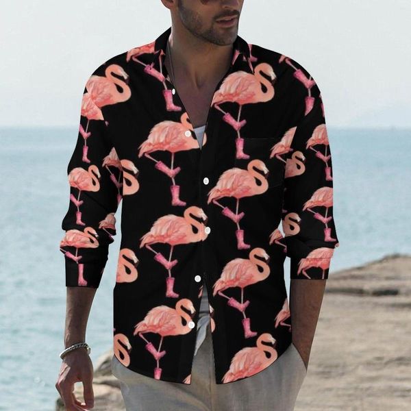 Erkekler sıradan gömlek flamingo gömlek sonbahar adam moda bluzlar uzun kollu grafik estetik giyim artı boyut 3xl 4xl