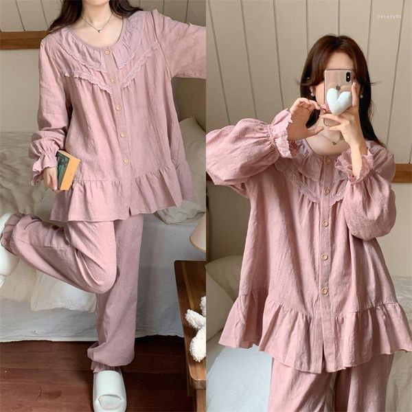 Pijamas femininos soltos algodão primavera outono plissado casa roupas princesa renda manga longa loungewear calças noite wear s394