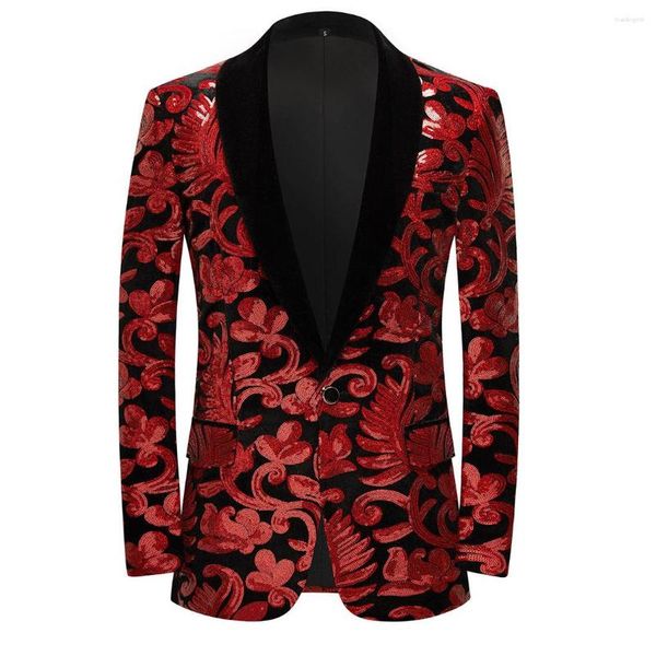 Abiti da uomo Moda Uomo Velluto Paillettes Motivo floreale Giacca da completo Blazer Scialle Risvolto Blazer a un bottone Festa di nozze Costumi da cena