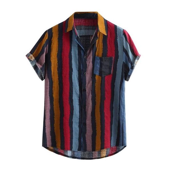 Nuevo diseño de verano para hombre, camisas holgadas de talla grande de manga corta multicolor a rayas con dobladillo redondo, Tops informales con bolsillo en el pecho 255u