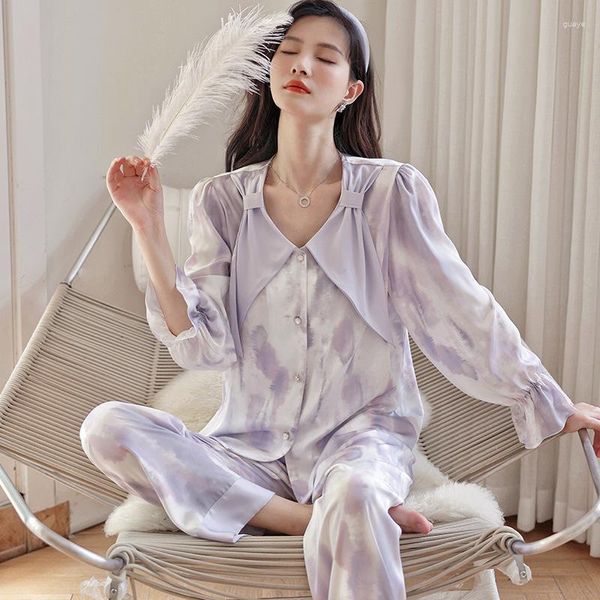 Mulheres sleepwear primavera sexy turn down colarinho tie-dye cetim manga longa camisa calças mulheres pijama de duas peças homewear nightwear