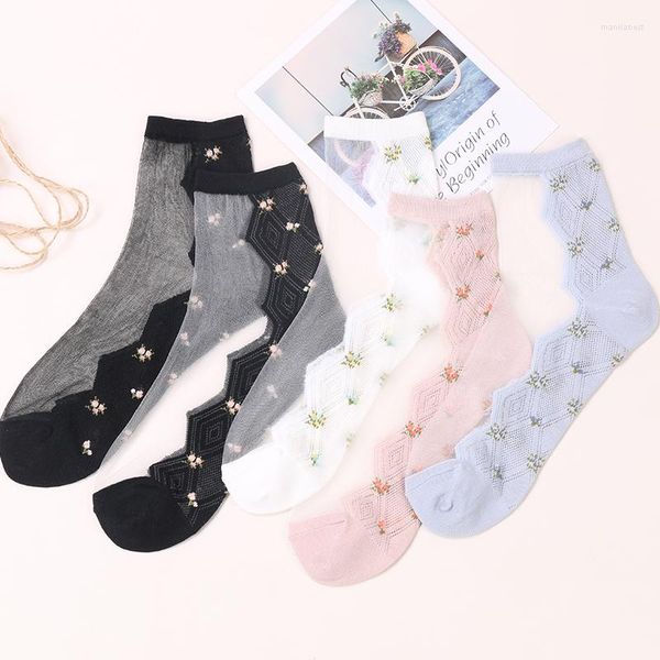 Meias femininas DONGAI 1 par verão fino cristal vidro seda transparente elástico japão estilo moda floral sox casual