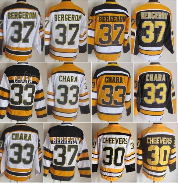 Retro Hockey 33 Zdeno Chara Vintage Jersey CCM Classic 37 Patrice Bergeron 30 Gerry Cheevers 77 Ray Bourque Ruhestand Herren 75 Jubiläum Schwarz Weiß Gelb Sport Gut