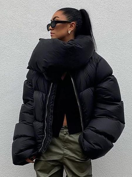 Mulheres Trench Coats Moda 2023 Outono Inverno Mulheres Parkas Bolha Algodão Casual Zipper Cachecol Collar Puffer Jaquetas Preto Verde Streetwear