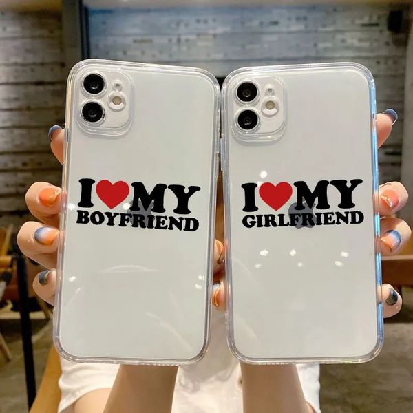 Custodie per cellulari carino divertente I Love My Girlfriend Custodia per IPhone 11 12 13 14 Pro Max Mini X XR XS 15 7Plus Coppia trasparente accoppiata Coques 231010