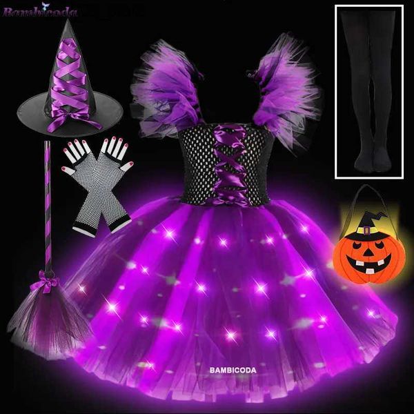 Thema Kostüm Mädchen Hexe Kleid Prinzessin LED Kleid für Mädchen Kinder Charme Cosplay Karneval Dress Up Kleidung Geburtstag Party Halloween kommen Q240307