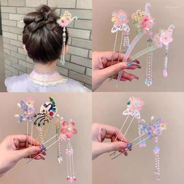 Grampos de cabelo Hanfu Headwear Estilo Retro Moda Hairstick com Traje Cocar Flores Borla Hairpin Para Mulheres Jóias