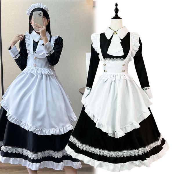 Anime lolita empregada cosplay traje feminino adulto vestido de renda avental mangas compridas menina uniforme japonês gravata arco festa de halloween