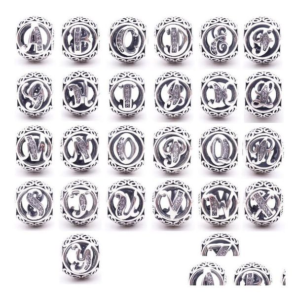 Argento autentico 925 Sterling Sier 26 lettere perline di cristallo grande buco alfabeto sciolto charms per braccialetti creazione di gioielli gioielli artigianali Dh8Jz