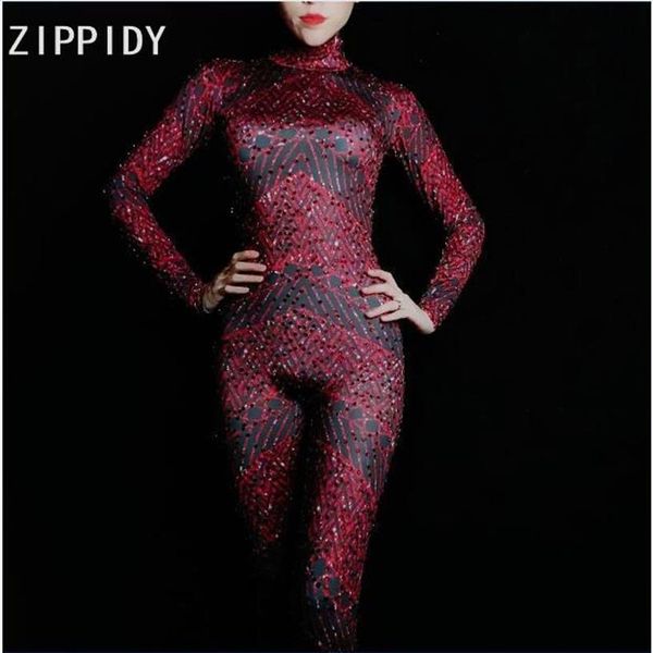 Tute da donna Pagliaccetti Pieno Rosso Strass Spandex Bling Tuta Festa di compleanno Festeggia Outfit Bar Cantante femminile Bod325u