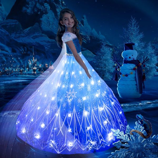 Платья для девочек Uporpor Frozen Princess Elsa LED Light Up Dress для девочек Детская одежда для косплея Вечеринка Снежная королева Карнавальное рождественское платье для выпускного вечера 231010