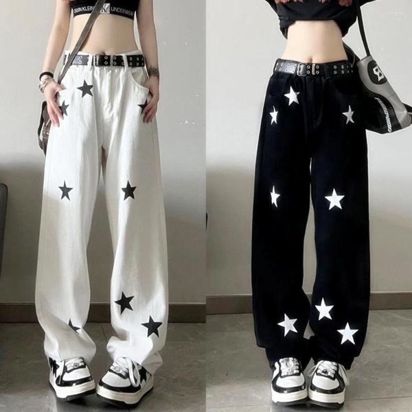 Calças femininas senhoras jeans cintura alta gótico para mulheres baggy pentagrama ponto perna larga harajuku denim streetwear y2k