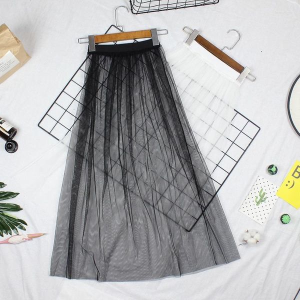 Юбки 2023, модная летняя длинная прозрачная сетчатая юбка в корейском стиле для женщин, прозрачная черно-белая трапециевидная фатиновая юбка макси Y2k
