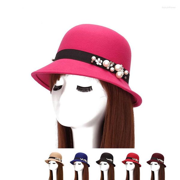 Berets Frühling Winter Filz Hüte Für Frauen Weiche Faux Wolle Fedora Mit Perle Blume Damen Mädchen Party Geizige Krempe Eimer sun Cap