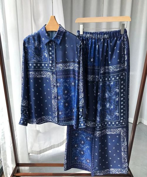 Mulheres calças de duas peças senhoras impressão étnica retro azul marinho sarja de seda em linha reta terno feminino calças casuais elegante blusa camisa topo 231009