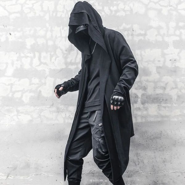 Trench da uomo Cappotto lungo cardigan con cappuccio stile giapponese scuro giacca a vento personalità asimmetrica da uomo con cucitura a croce Cappotto 231010