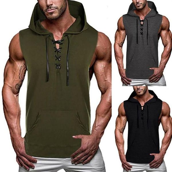 Cordão com decote em v regatas dos homens colete com capuz preto casual hoodies cor sólida sem mangas bolso masculino top299j