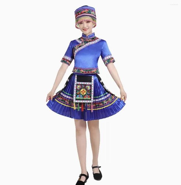 Berets Miao Nacionalidade Desempenho Vestido Feminino Minoria Bordado Dança Top Saia Chapéu Roupas