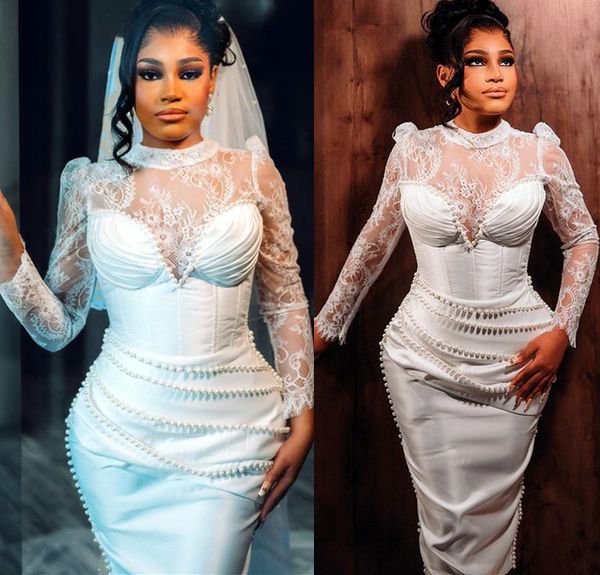 2023 октябрь арабский Aso Ebi плюс размер кружевное белое свадебное платье с жемчугом и чайной длиной свадебные платья ZJ644