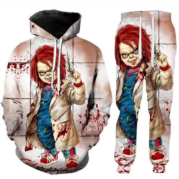 Nuovi uomini donna Halloween Terror Chucky 3D Print Fashion Tute girocollo Hip Hop Felpa e pantaloni Felpe con cappuccio240F