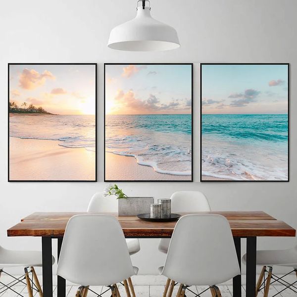 Dipinti Poster su spiaggia Dipinti su tela Onde Stampe Set di 3 Decorazioni per l'oceano Immagini di paesaggi marini costieri per soggiorno Decorazione della casa Regali 231009