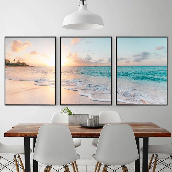 Pinturas Praia Pôsteres Pintura em Lona Ondas Impressões Conjunto de 3 Oceano Decoração Costeira Seascape Fotos para Sala de estar Decoração de Casa Presentes 231009