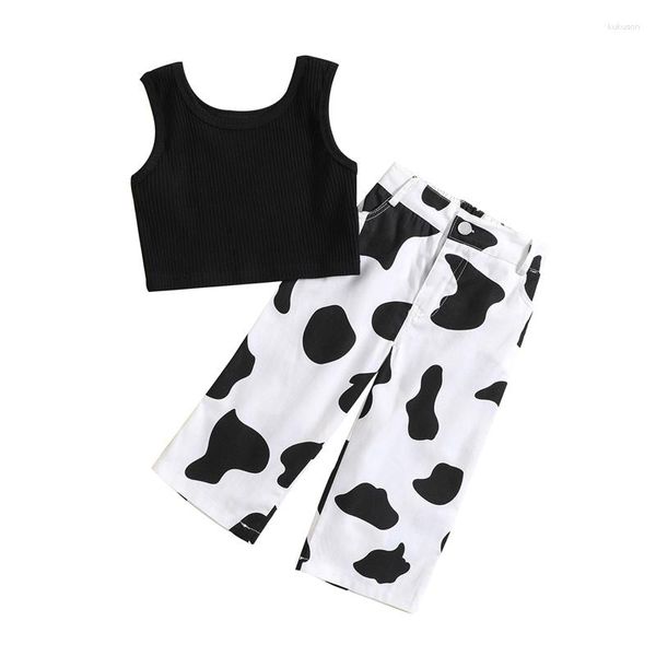 Set di abbigliamento Per bambini Ragazze Vestito Abiti estivi a costine Girocollo Canotte senza maniche e pantaloni elastici con stampa mucca Set per bambini