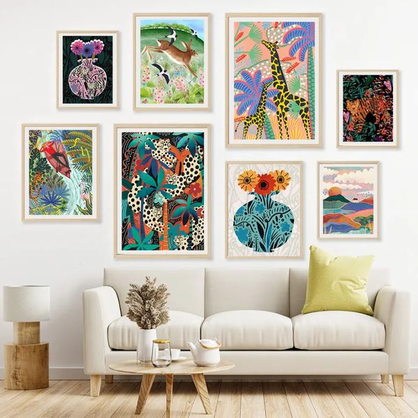 Gemälde Abstrakter Leopard Tiger Giraffe Eule Kaninchen Blumenvase Blatt Dschungel Wandkunst Drucke Leinwand Poster Bilder Für Wohnzimmer Dekor 231009